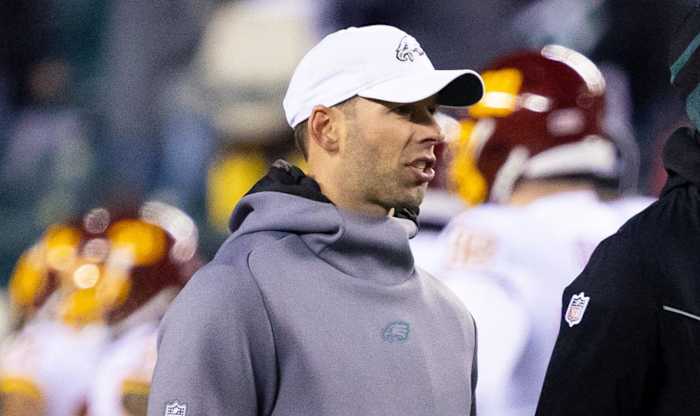Philadelphia Eagles head coach Nick Sirianni (R) and defensive coordinator Jonathan Gannon (L) before action against the Washington Football Team at Lincoln Financial Field.